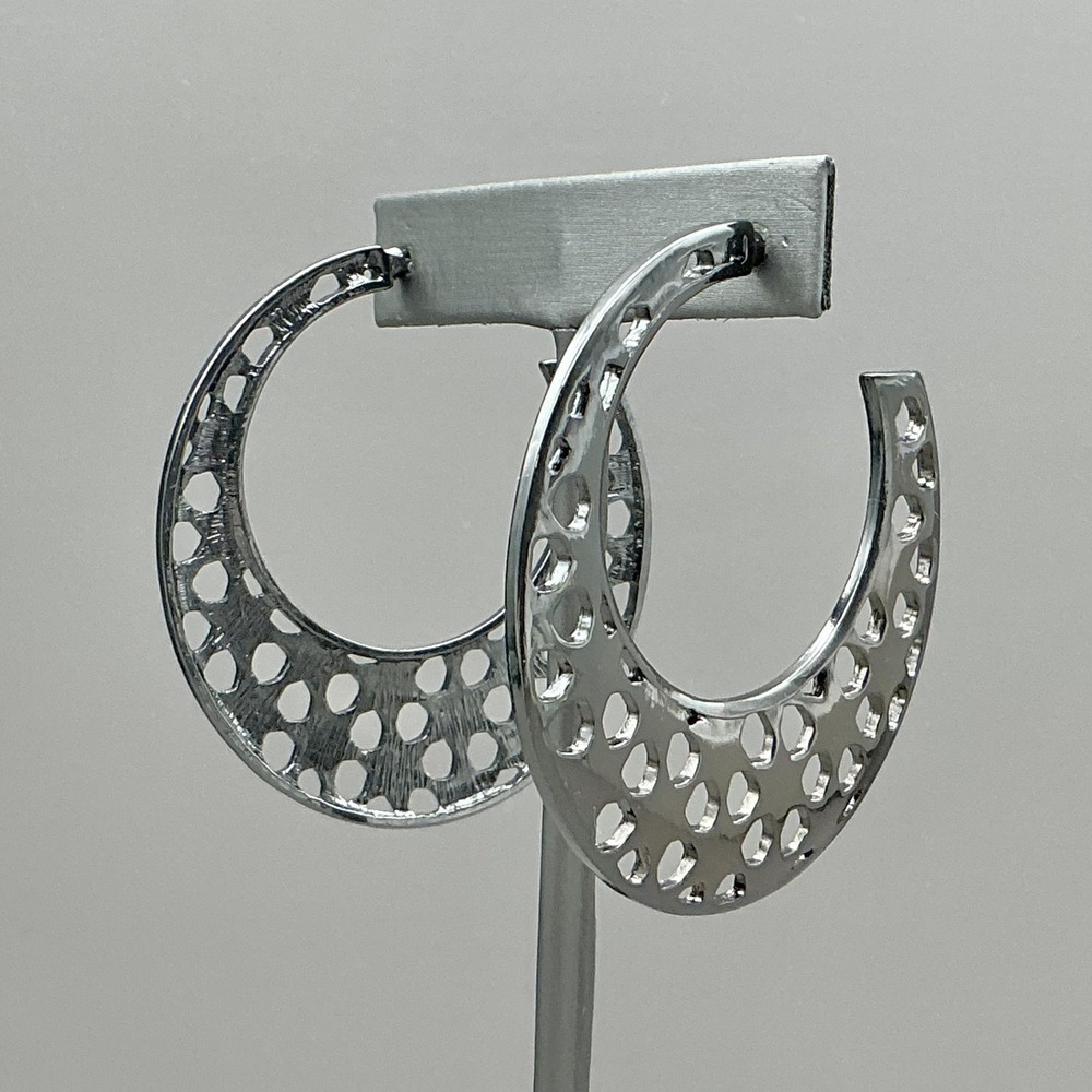 Earrings Silver Tone Moon Hoop Cutout Dangle Drop Womens Statement Jewelry 2"